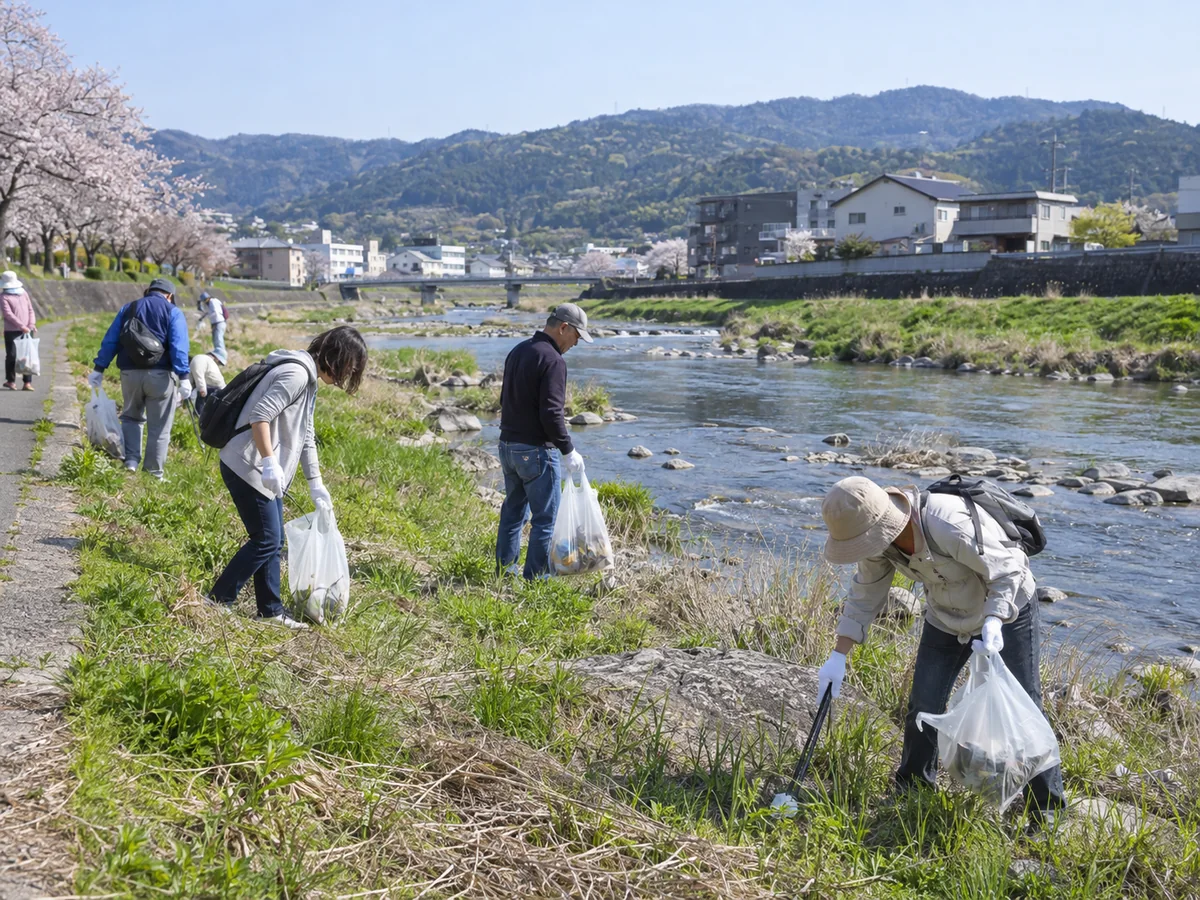 桜野川沿いで清掃活動をする地域住民