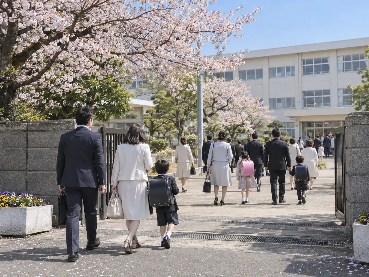 桜の咲く小学校へ向かう新入生と家族