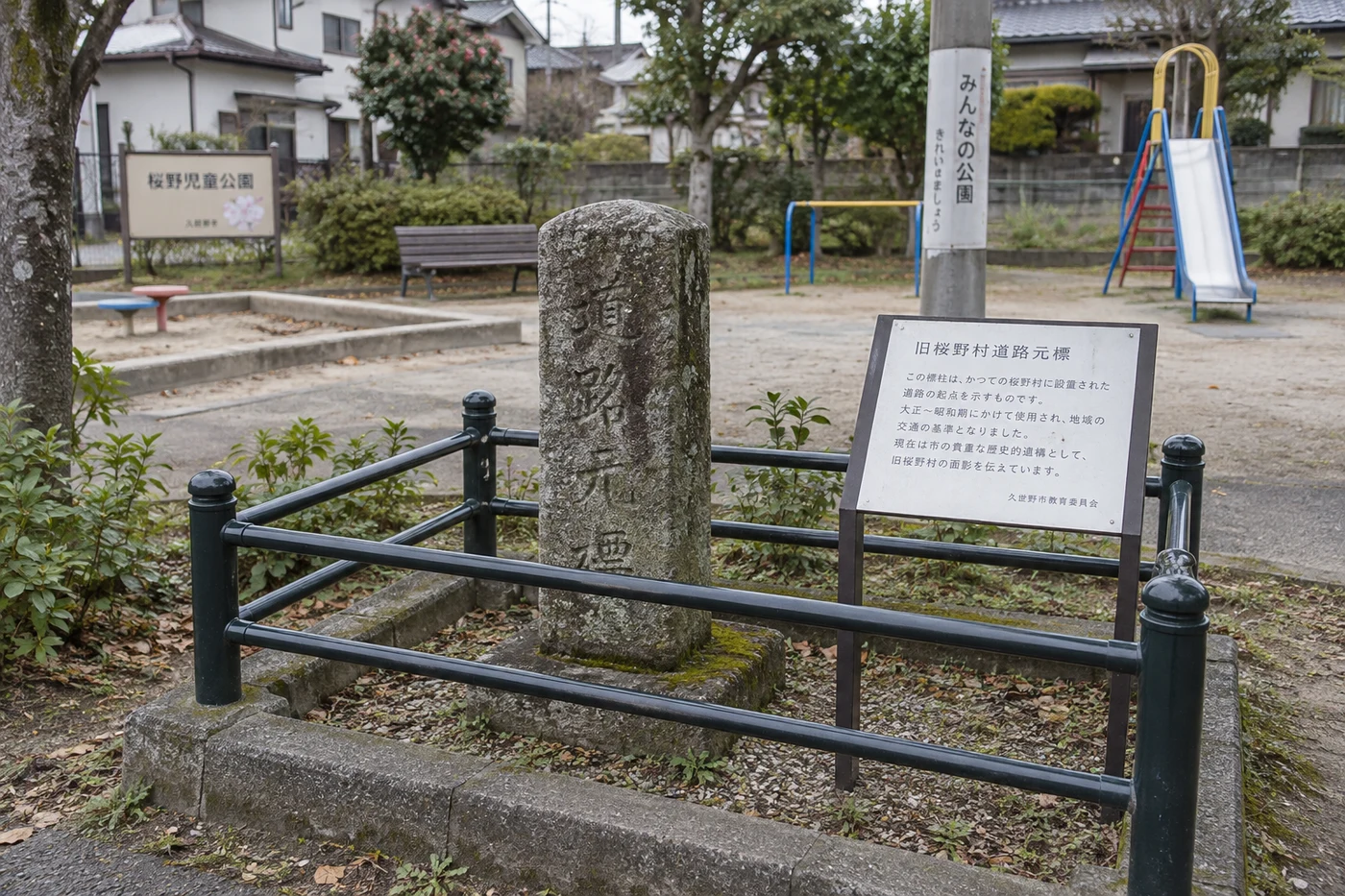 桜野児童公園内に保存された旧桜野村道路元標