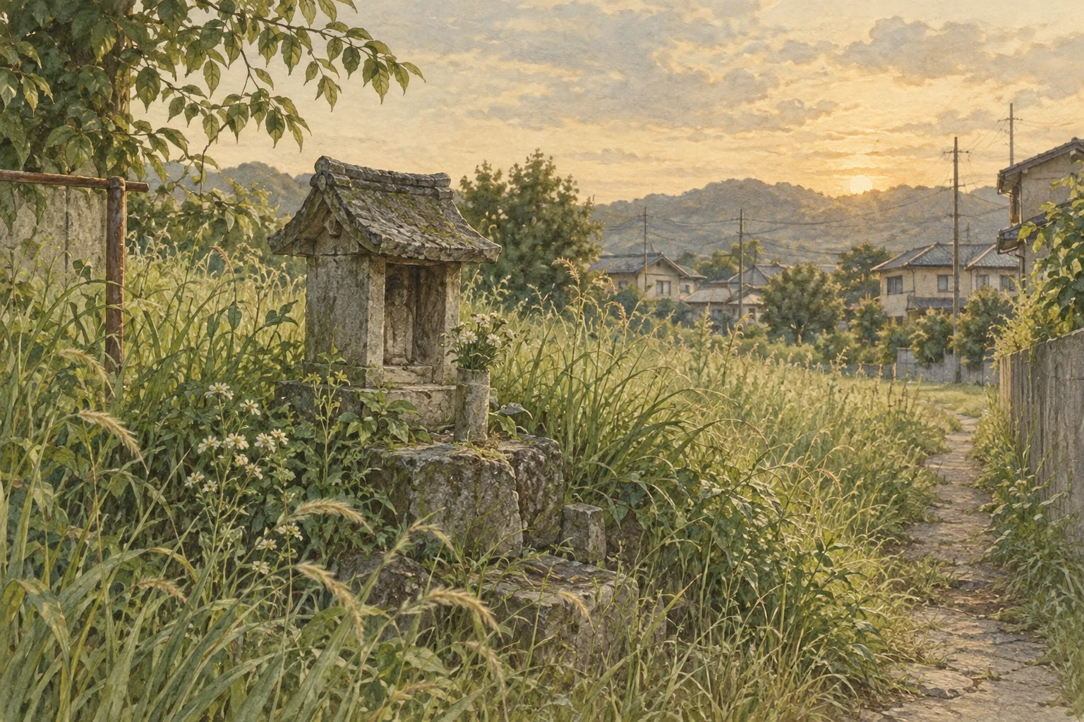 草地の奥に残る小さな祠