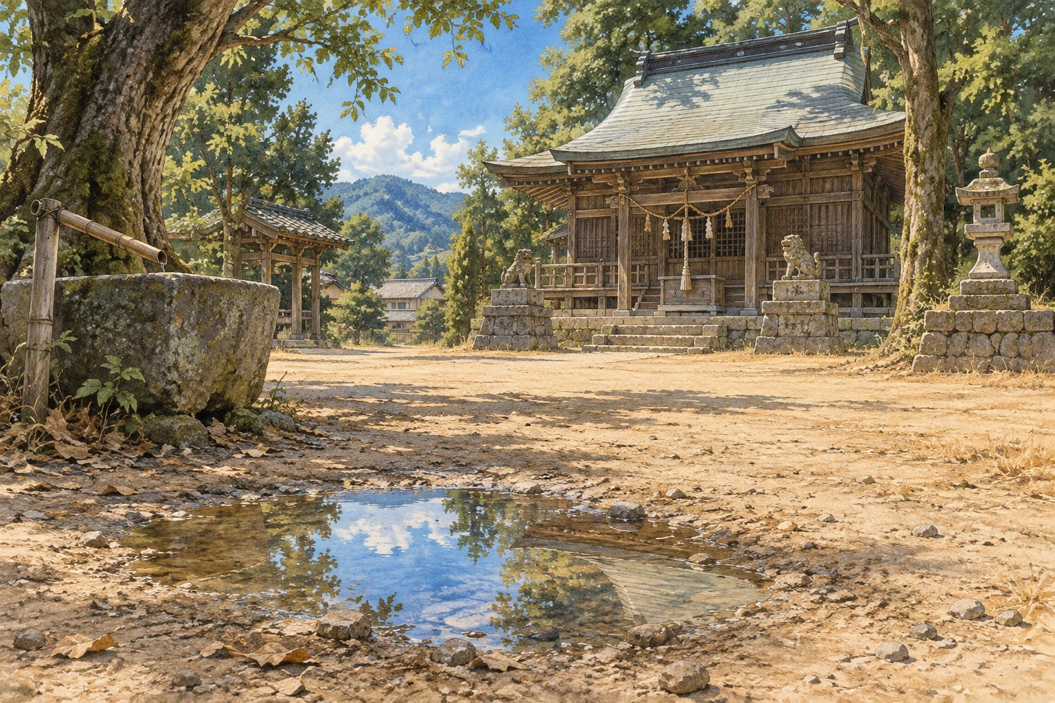 乾いた水川神社の境内に残った小さな水たまり