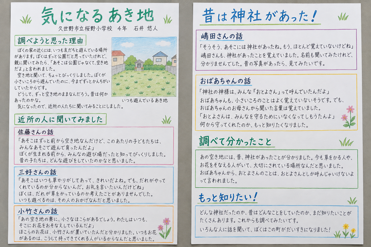 石井悠人さんの地域新聞「気になるあき地」。独立した模造紙2枚に調査のきっかけ、住民の話、分かったことをまとめた作品。