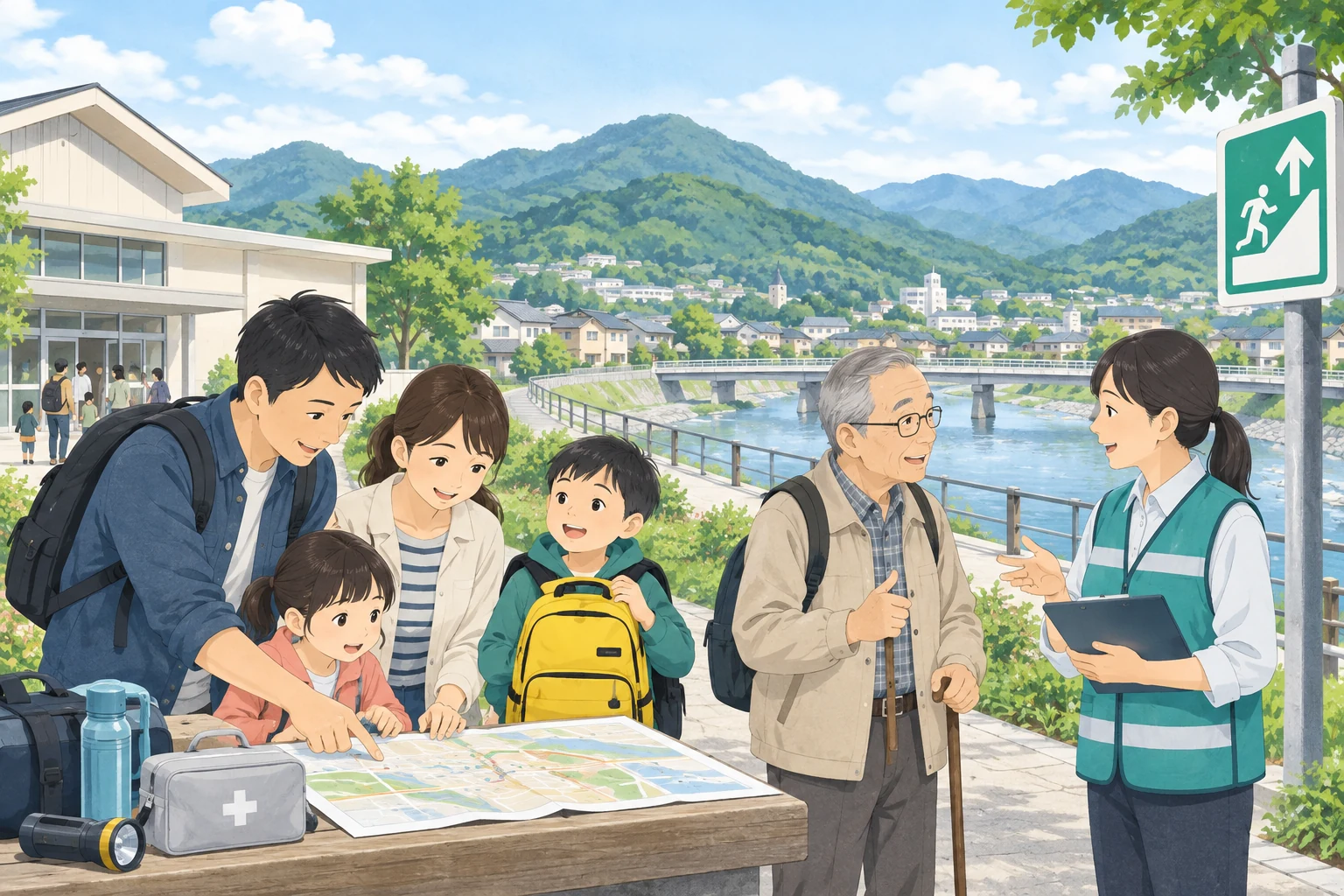 川沿いの町で、家族や高齢者が市職員と避難経路を確認しているイラスト